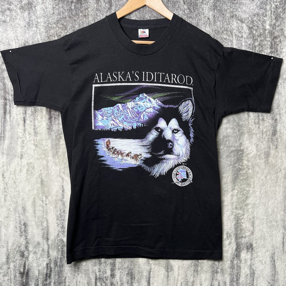 Vintage 90's Alaska Iditarod Husky Sled Racing T Shirt Black L Single Stitch